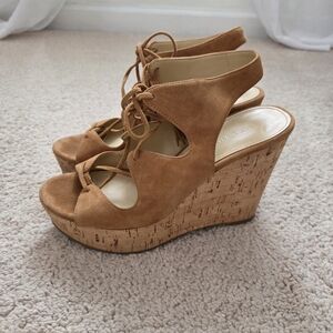 Ivanka Trump Tan Suede Laced Wedge Sandal Size 5.5